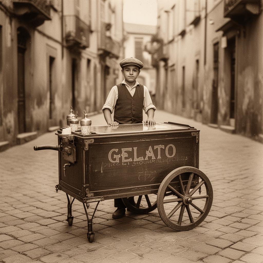 Mario Zirpoli bambino con il suo carretto di gelati negli anni '30